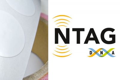 ntag424 logo with image of tags on a reel
