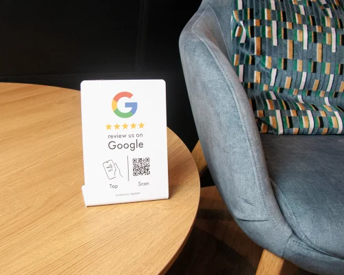 Detail of an NFC Google Review Stand