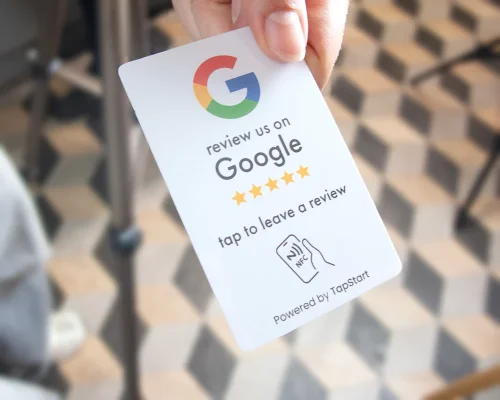 Close up image of an NFC Google Review Carry Card