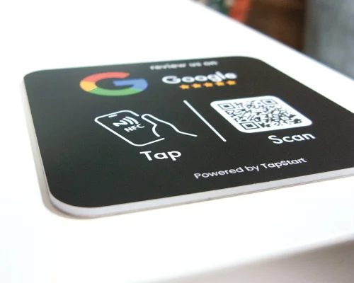 Close up image of an NFC Google Review Square Plate