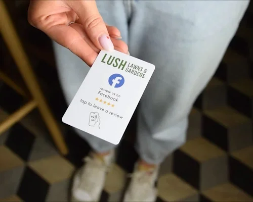 Close up image of an NFC Custom Print Review Stick-on Card